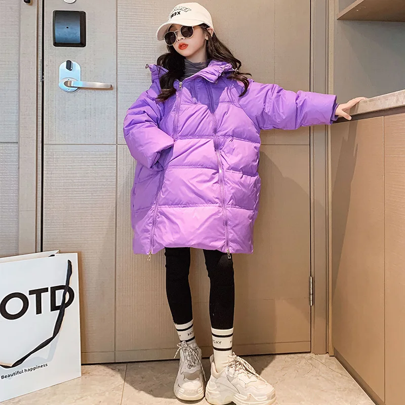 Girls Double Zipper Down Jacket Long 2024 Winter New Female Children White Duck Down Thick Warm Coat Korean Simple Style