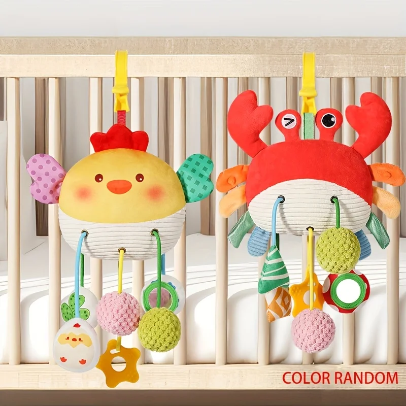 Speelgoed voor auto- en kinderwagenstoelen ontworpen voor baby's, met krab- en kuikenontwerpen met trekkoord, klemmen, kleine bellen, rammelaar