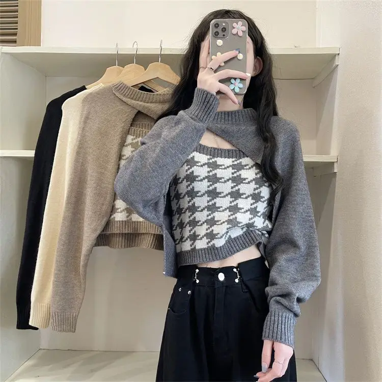 

Knitted Cardigan Suspender Two-Piece Set 2024 Autumn New Hot Girl Suit Wearing Plaid Short Vest Women'S Top