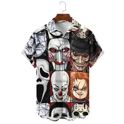 Men's Summer Fashion Micro Fear Illustration Breathable Loose Casual Single-Breasted Irregular Printed Short-Sleeved Shirt