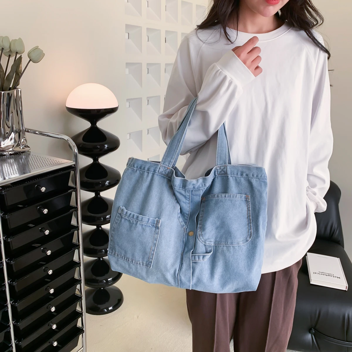 Large Denim Women's Bag Jeans Shoulder Cross Bag Canvas Messenger Bag Y2K Eco Bag Korean Shopper Pockets Designer Handbag Travel