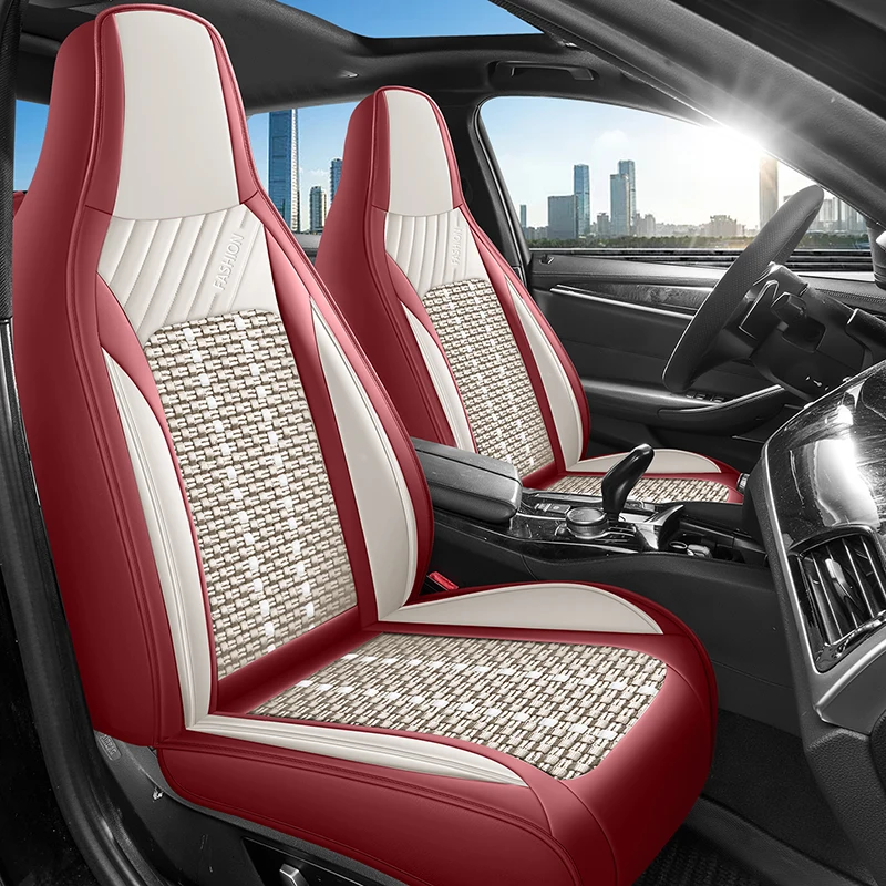 Front Single Seat, Luxurious Pu Leather and Ice Silk Full-Cover Integrated Car Seat Cushion, Universal, Breathable and Not Stuffy, Suitable for All Seasons, Fits the Seat Well, with Three-Dimensional Side Support, Enhances Driving Experience, Available in Five Colors, Car Seat Cushion, Suitable for Sedans, Suvs, Trucks and Other Various Models