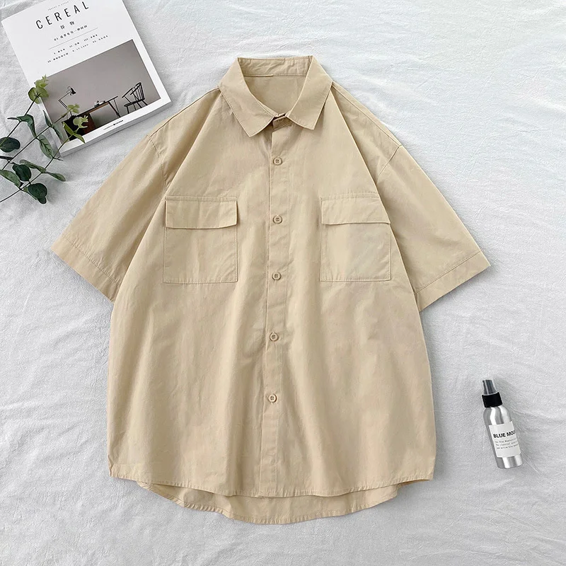 Summer Soild Men's Loose Short Sleeve Shirt Couple Turn-down Collar Pockets Shirts And Blouses Men Harajuku Button Up Tops