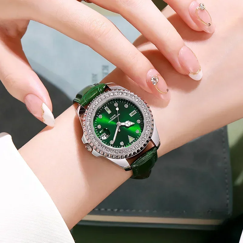 ساعة كوارتز بعلامة تجارية ماسية للنساء ، جلد أخضر بسيط ، ساعة فستان ، أزياء فاخرة للسيدات ، جديدة #2