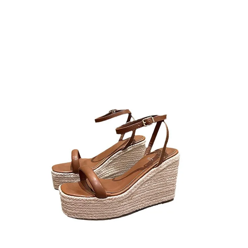 

2025 Summer New Buckle Square Head Hemp Wedge Sandals Thin Belt Braided Platform High Heel Shoes For Women size 34-39
