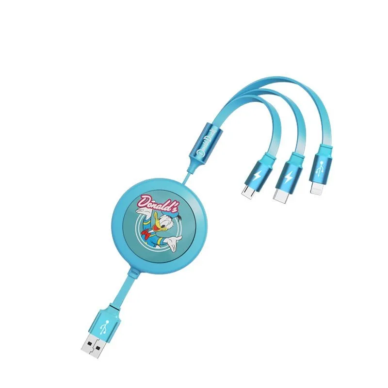 Disneycute cartoon mickey pato donald telefone móvel telescópico 3-em-1 carregamento rápido iphone android huawei cabo de dados do carro