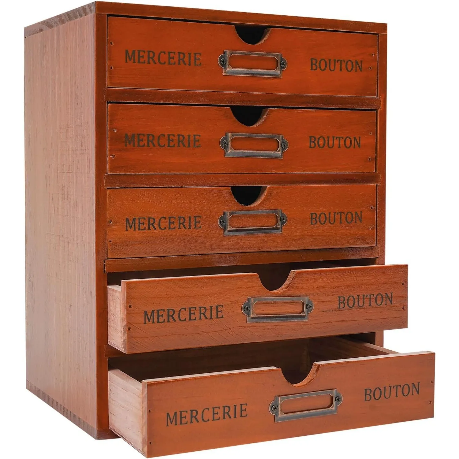 

Vintage 5-Drawer Wooden Desktop Organizer with Iron Label Holders (Brown) - for Cosmetics, Files, Books & More