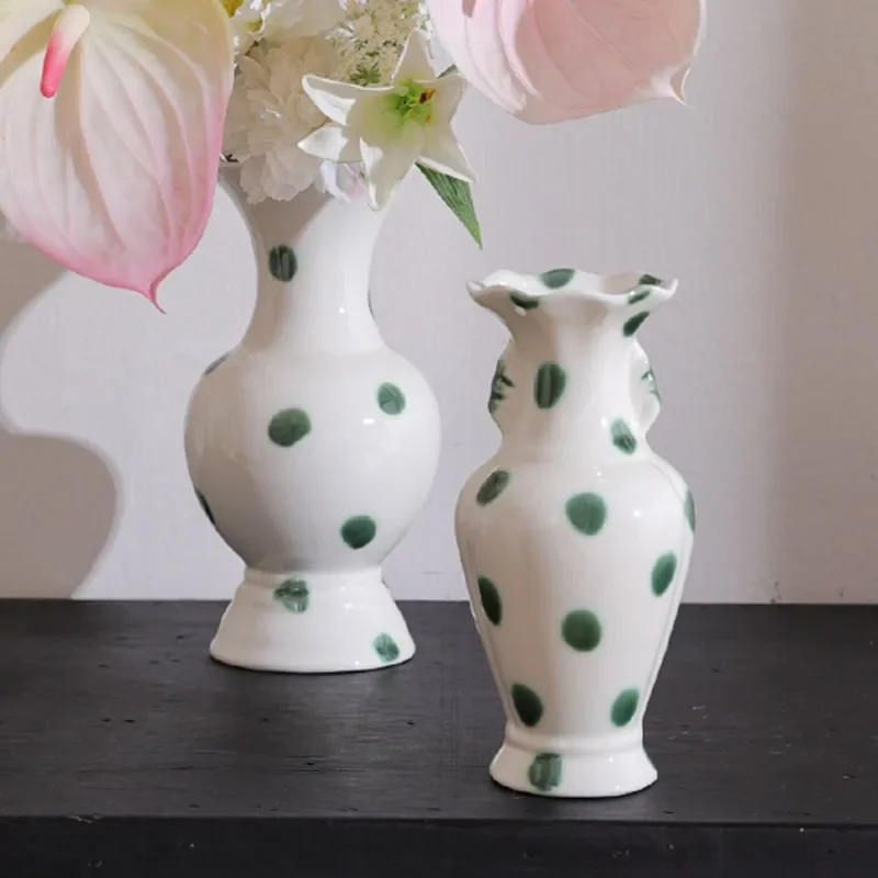 Vintage green polka dot ceramic vase ornament,antique style floral vase,Living room bedroom desktop decoration vase home decor
