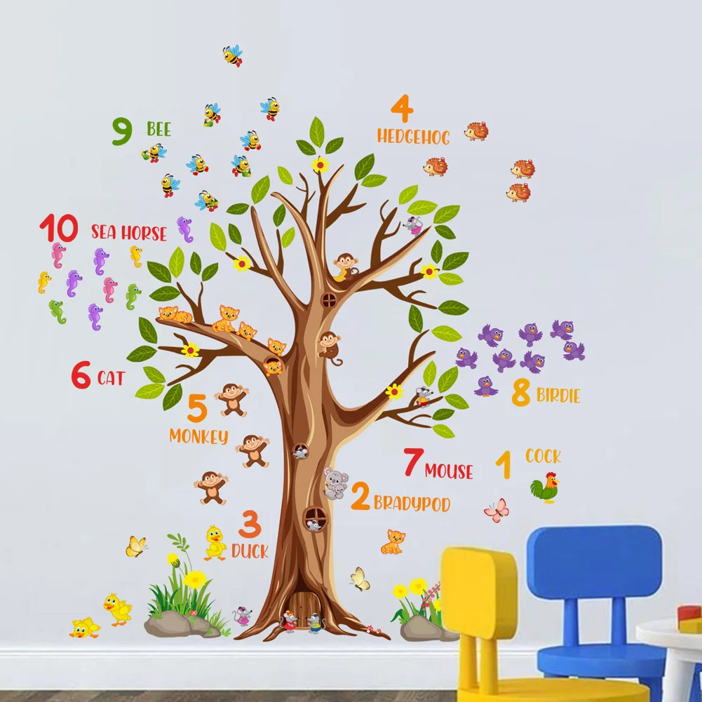 Cartoon Animals Digital Tree Wall Stickers Kids Room Home Decoration Mural Kindergarten Decor Beautify Self-adhesive Wallpaper