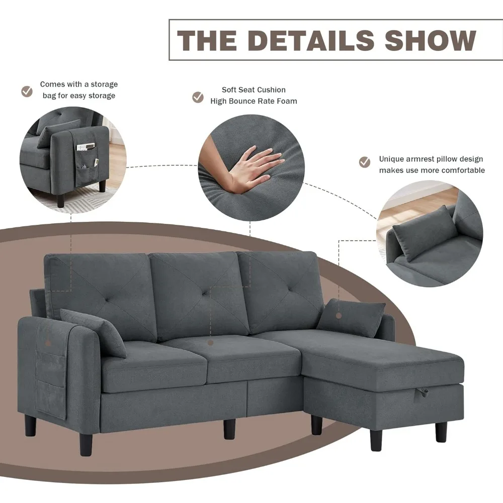 modern 3-seat l-shaped sectional sofa with reversible storage chaise, 77" small couch in polyester fabric