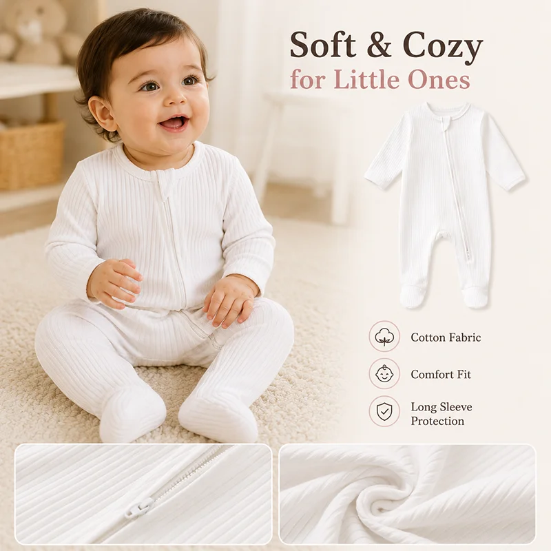 ベビーリブ編みジッパーロンパース コットン長袖足つきジャンプ - Baby Clothing Zipper のレビューと価格