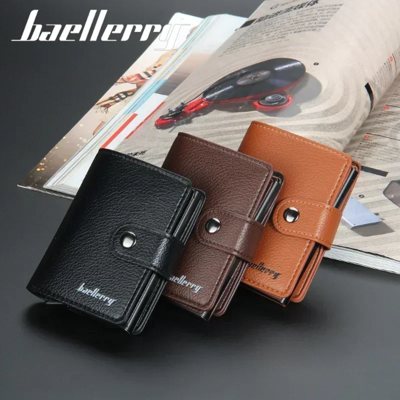 New Card Holder Men Purse Lychee Pattern RFID Automatic Elastic Cards Buckle Wallets for Men Metal Pop-up Aluminum Box Card Case