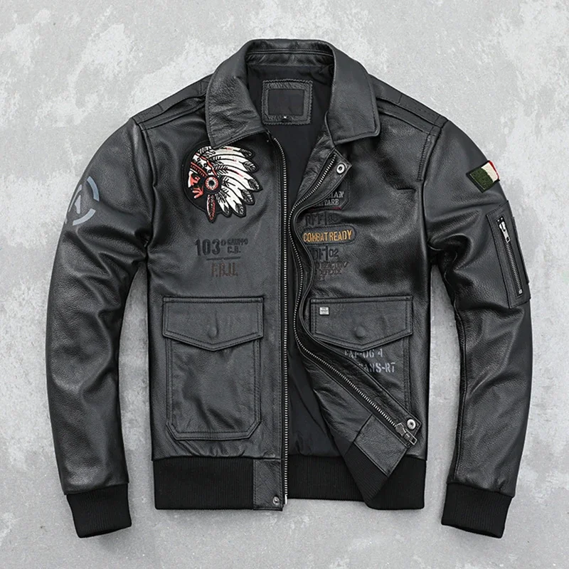 Air Cowhide Force Flight Suit Genuine Clothes Men's Indian Embroidery Pure Leather Jacket Handsome Fashion Coat