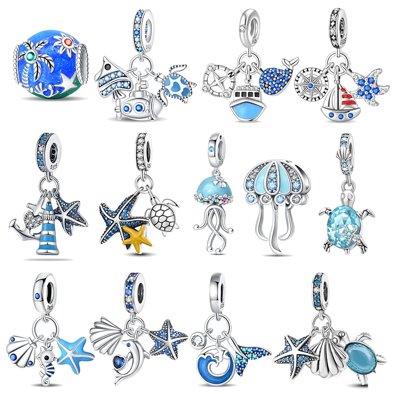 925 Sterling Silver Blue Ocean Ship Lighthouse Starfish Turtle Dolphin Charms Pendants Fit Pandora Bracelets DIY Jewelry Gifts