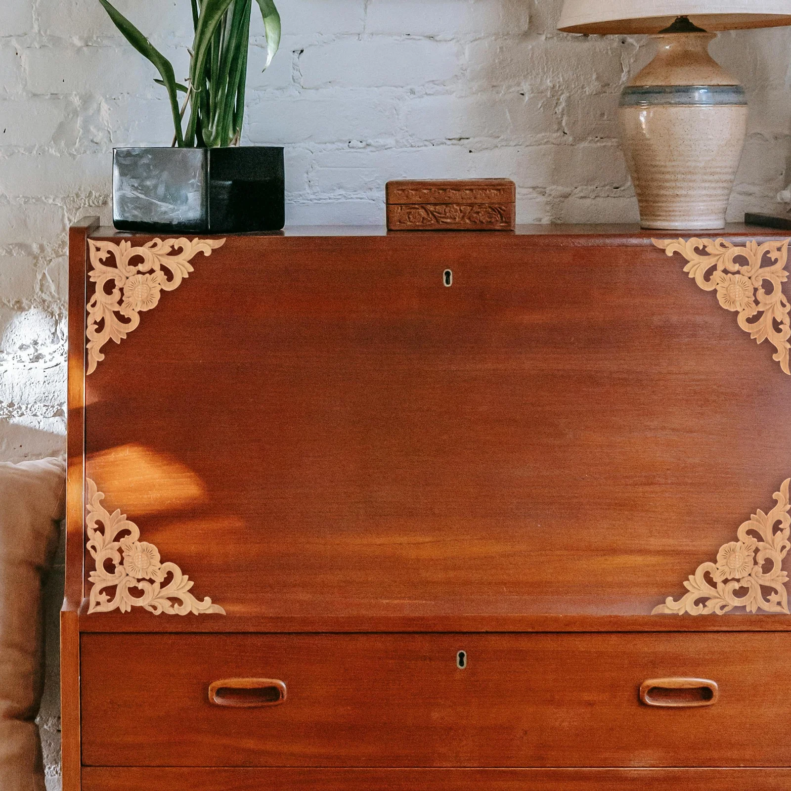 

4Pcs Rose Wood Carved Applique Wood Trim Decorative Furniture Overlay Durable Onlay Wooden Carving Corner Moulding