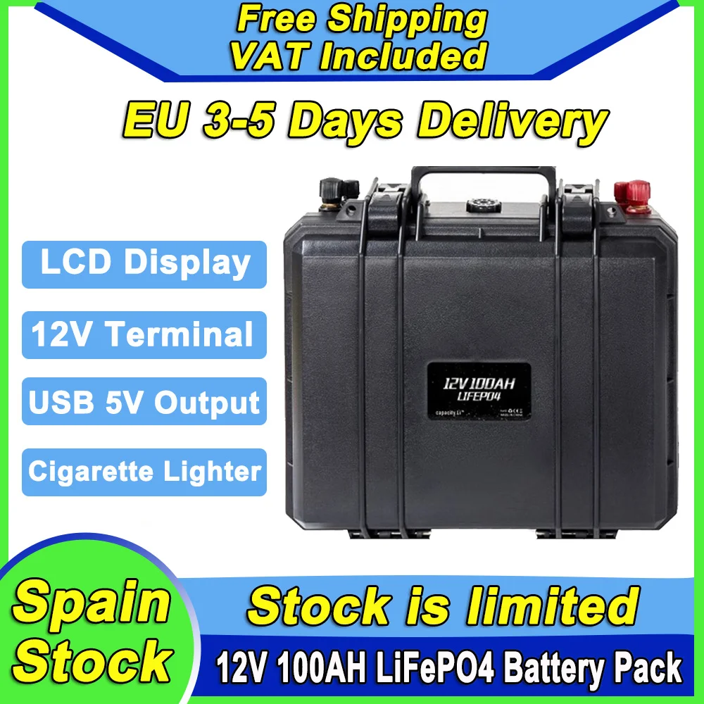 12V 100AH LiFePO4 Battery Pack Rechargeable Lithium Iron Phosphate Battery for Camping Boat Golf Cart RV Solar Inveter