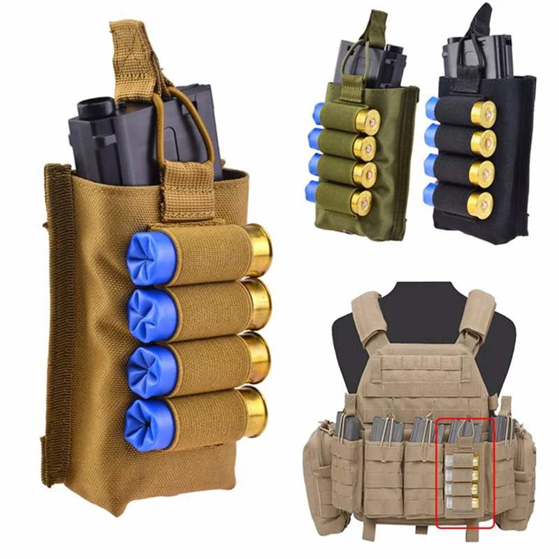 

Single 5.56 Mag Pouch with 12 Gauge Shell Loops, Tactical Molle Open Top Magazine Pouch Magazine Holder for M4 M14 M16 AR15 G36