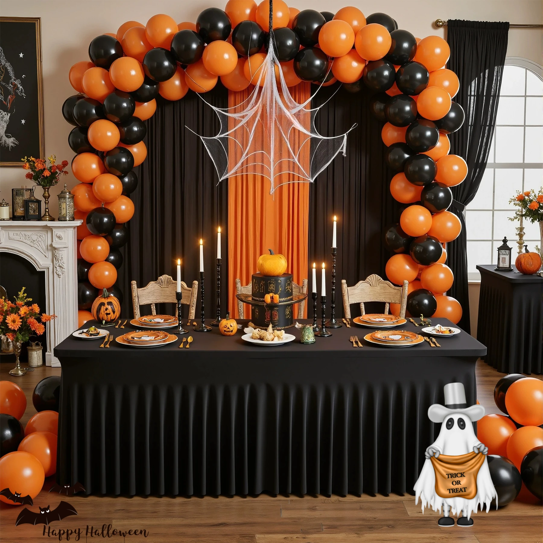 

Halloween Day Milk Silk Ruffled Table Skirt Stretch Cover for 4/6/8 Ft Rectangle Fitted for Home Bar Patio Wedding Party Decor