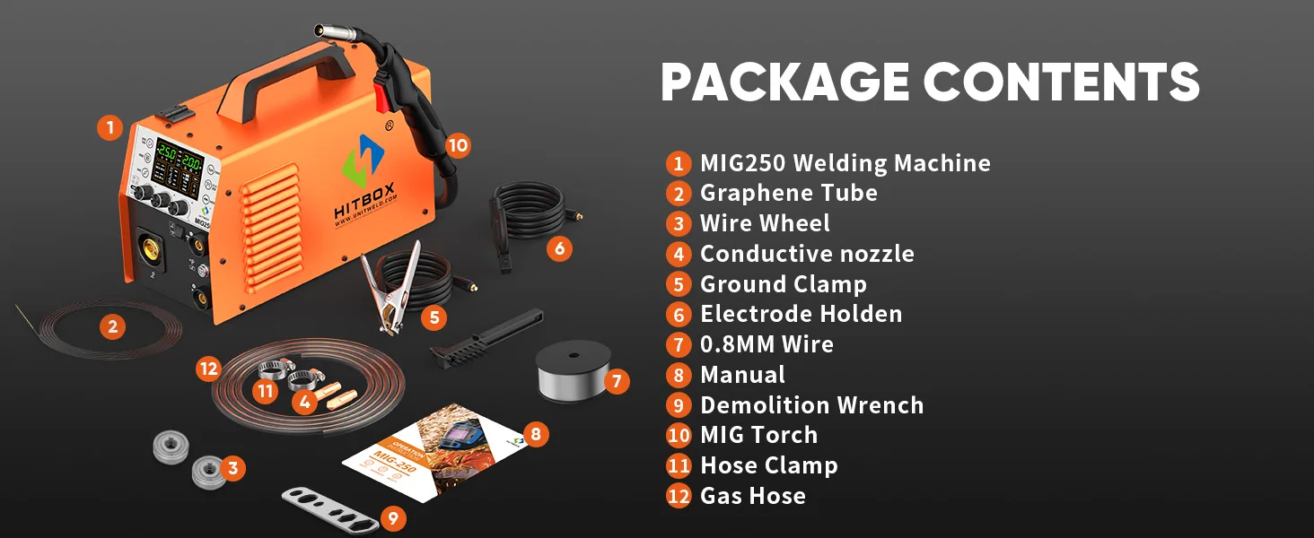 MIG Welder Gasless 180A HITBOX MIG250II 6 in 1 Mini Portable Inverter Welding Machine Semi-automatic TIG MIG 220V Home Use