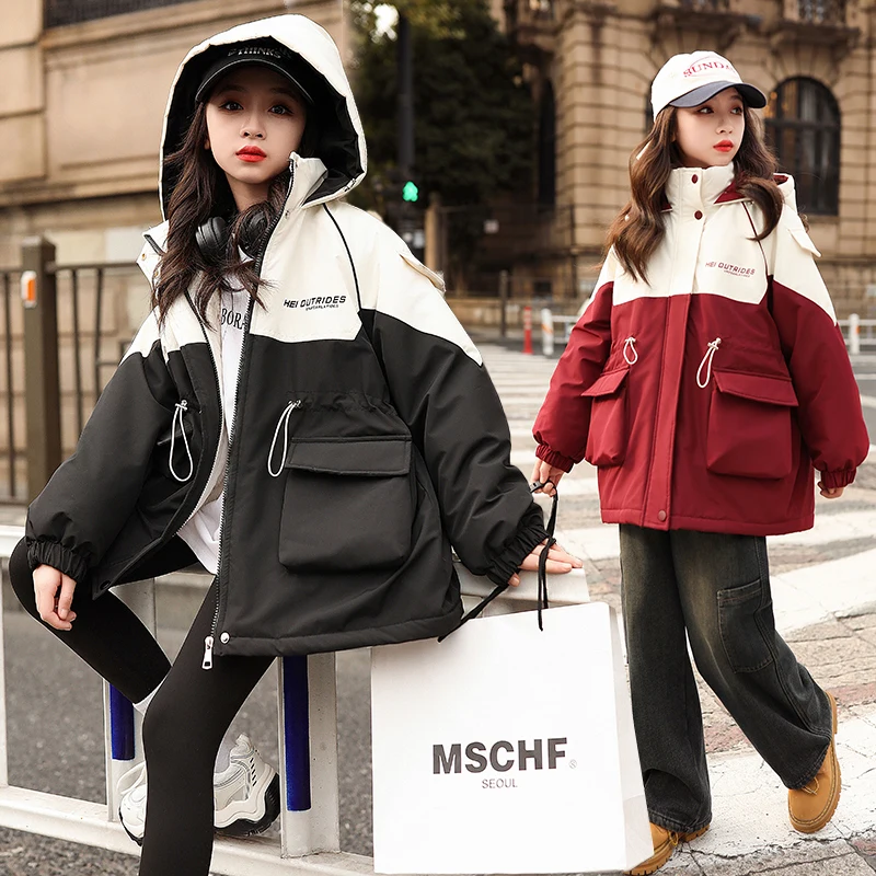 

Jacket For Girls Hooded 2-Color Splicing Letter Korean Wind Jacket Flannelette Simple Fashion Girls Jacket Winter Girl Clothes