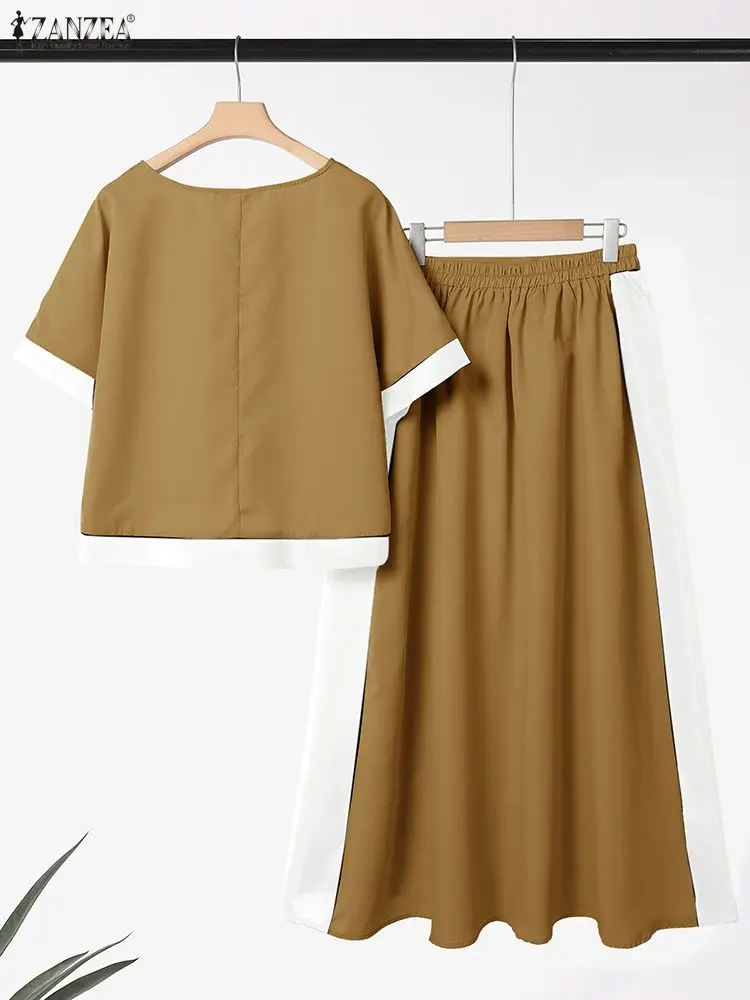 ZANZEA Women Fashion Summer Dress Sets Short Sleeve Tops Maxi Skirts 2PCS Casual Loose Pleated Color Patchwork 2 Piece Outfits
