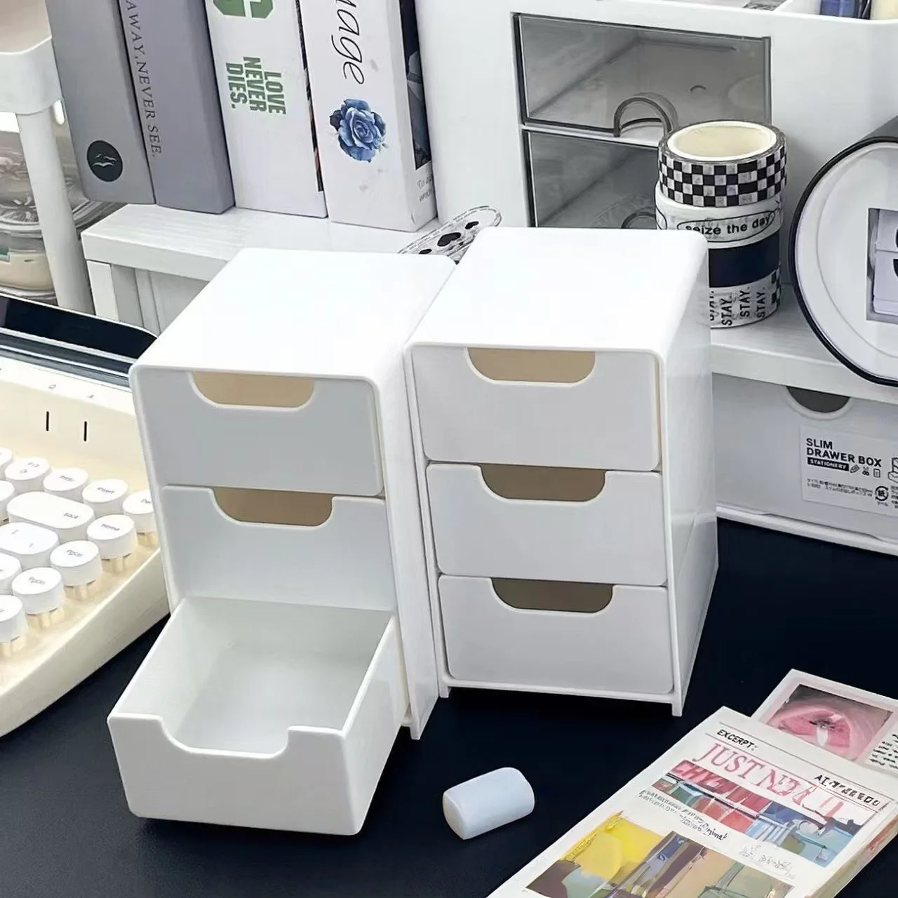 3-Tier Plastic Cosmetic Storage Box Organizer with Drawers Multifunctional Countertop Storage for Jewelry Office Supplies