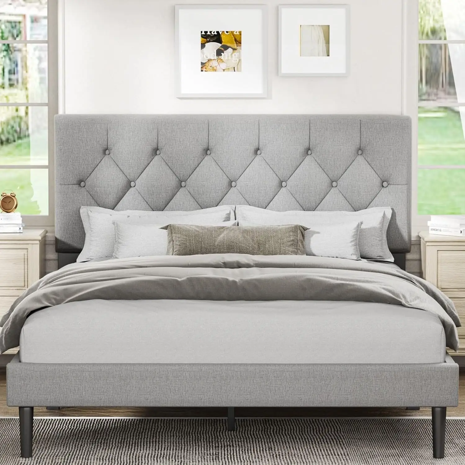 Queen Size Platform Bed Frame with Upholstered Headboard, Button Tufted Design, No Box Spring Needed, Light Grey