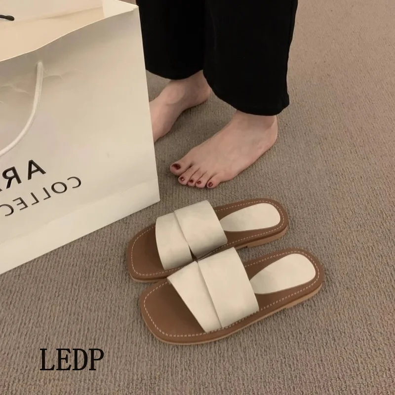 LEDP Women's Slippers Design Retro Open-toe Flats 2024 Summer Seaside Resort Beach Sandals Imitation Suede Leather Upper Mule