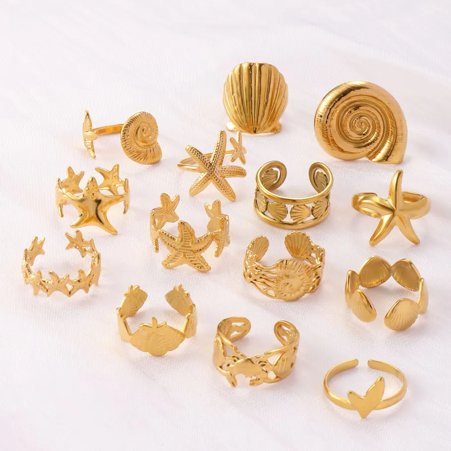 5 piezas de delicados anillos de animales marinos chapados en oro real, con diseño de cangrejo, estrella de mar, concha y caracola, para mujeres y hombres, anillos de playa de acero inoxidable, joyería.