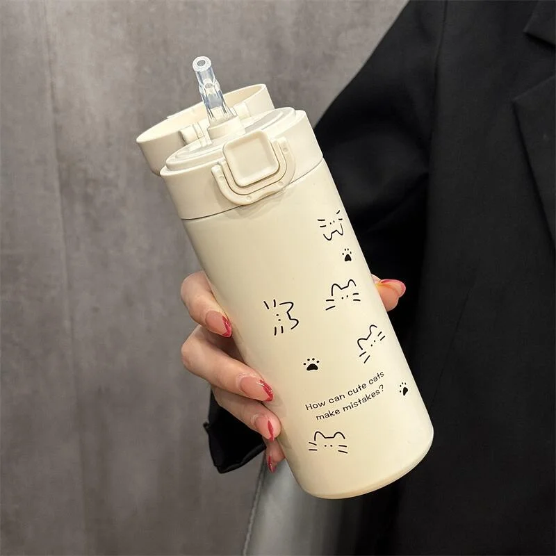 Simple Cute Cat Thermos Water Bottle with Straw Portable Stainless Steel Thermal Cup For Girl Kids Students Leak-proof Drinkware view 3
