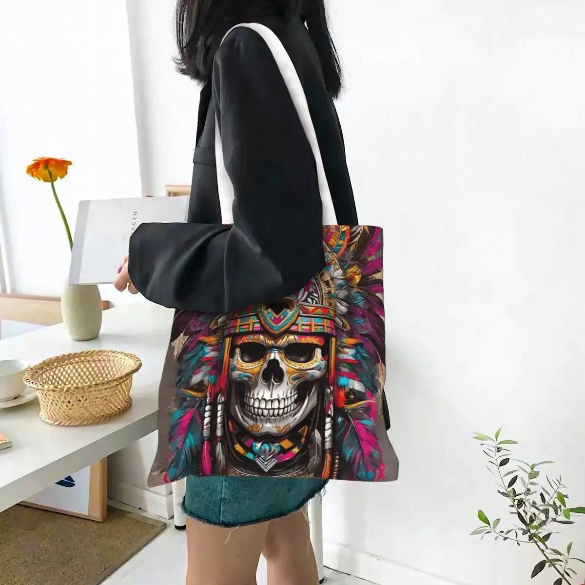 Aztec Skull Headress Shopping Bags Canvas The Tote Bag Folding for Ladies Shoulder Tote Travel Handbag