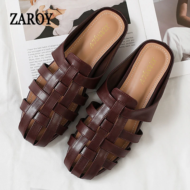

ZAROY Women Mules Summer Sandals Roman Woven Hollow-out Round Toe Flat Shoes Comfort Slip On Outdoor Slippers pantuflas мюли