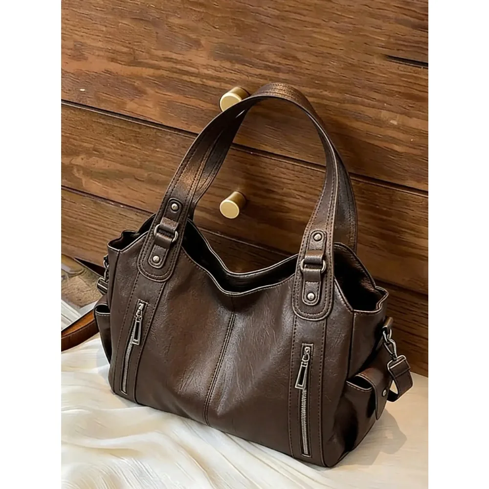 

This Is A Fashionable And Versatile Shoulder Bag, A Multi-Functional Commuter Solid Color Large Capacity Vintage PU Material Shoulder Bag/Handbag, With Zipper Opening, Decorated With A Cherry Pendant, Women's Shoulder Bag, With Dual Handles Design, Very S