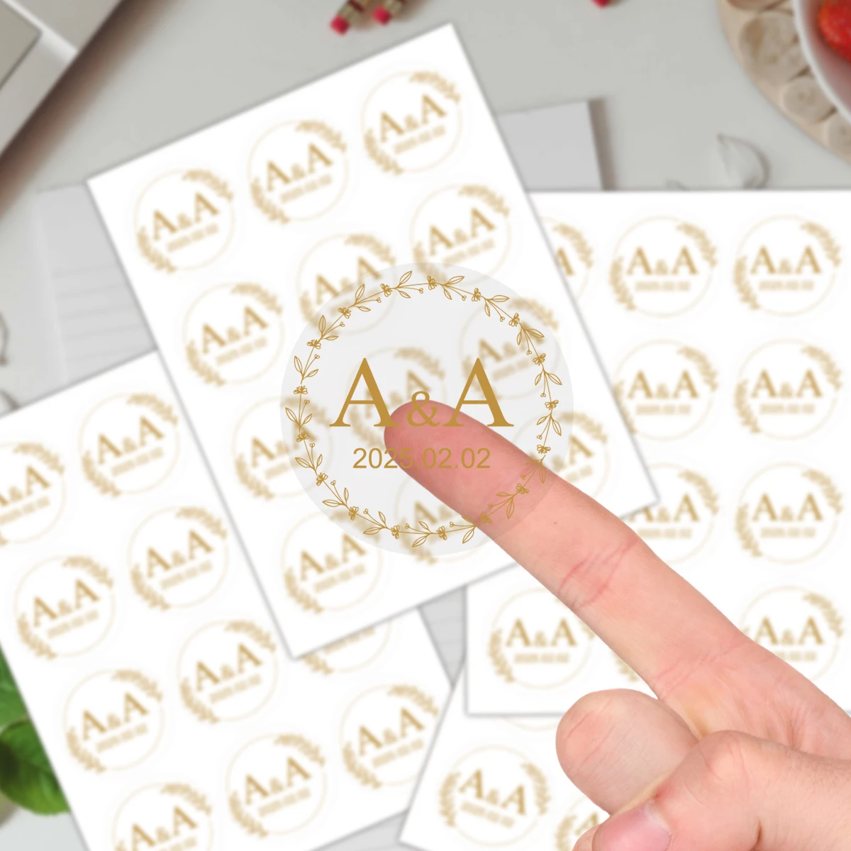 120 uds/10 hojas de pegatinas transparentes con texto personalizado, fecha de nombre personalizada, para invitación de boda, sellos de sobres, bolsas de regalo, decoración de fiesta