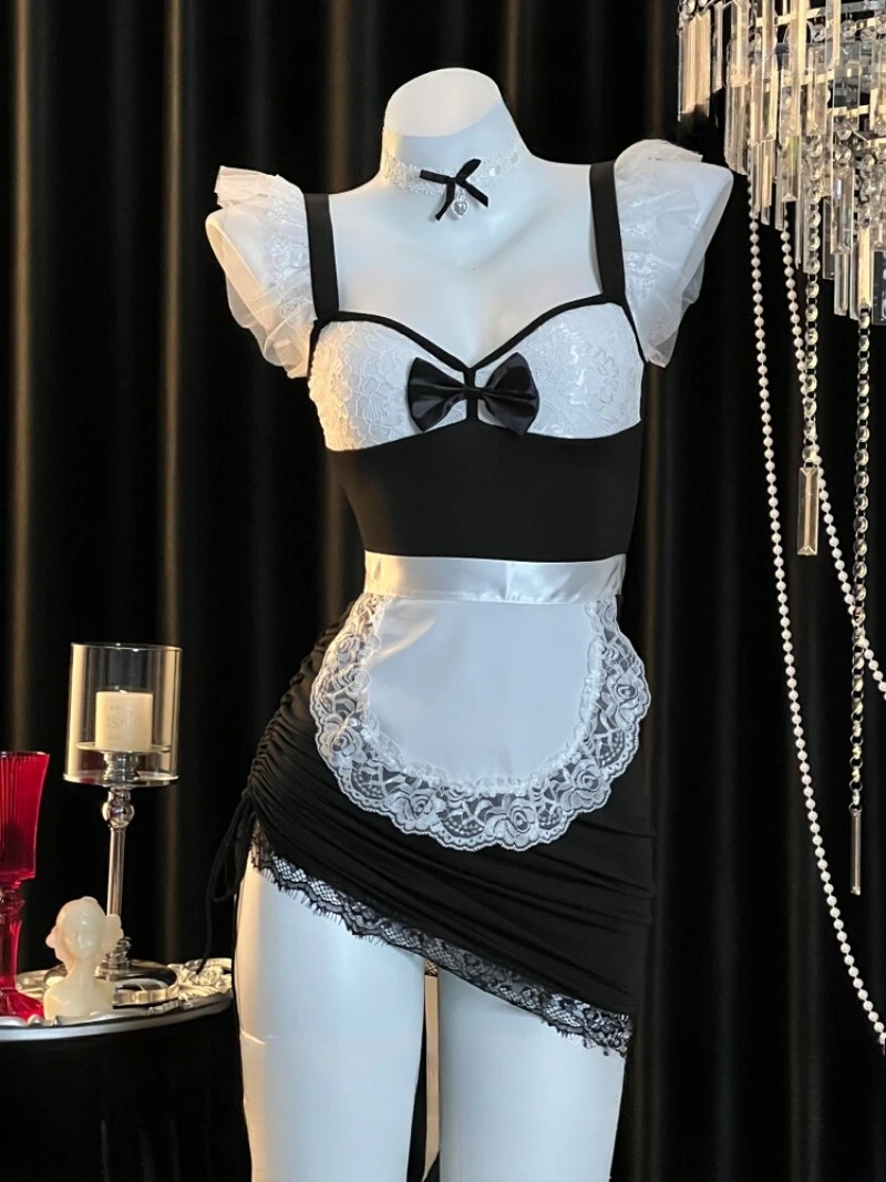 

Sexy,Pure and Seductive,Cute Maid Cosplay Uniform,Lace Trim,Pleated,Pull-Up,Strappy Nightgown,Ideal for Romantic Date Nights