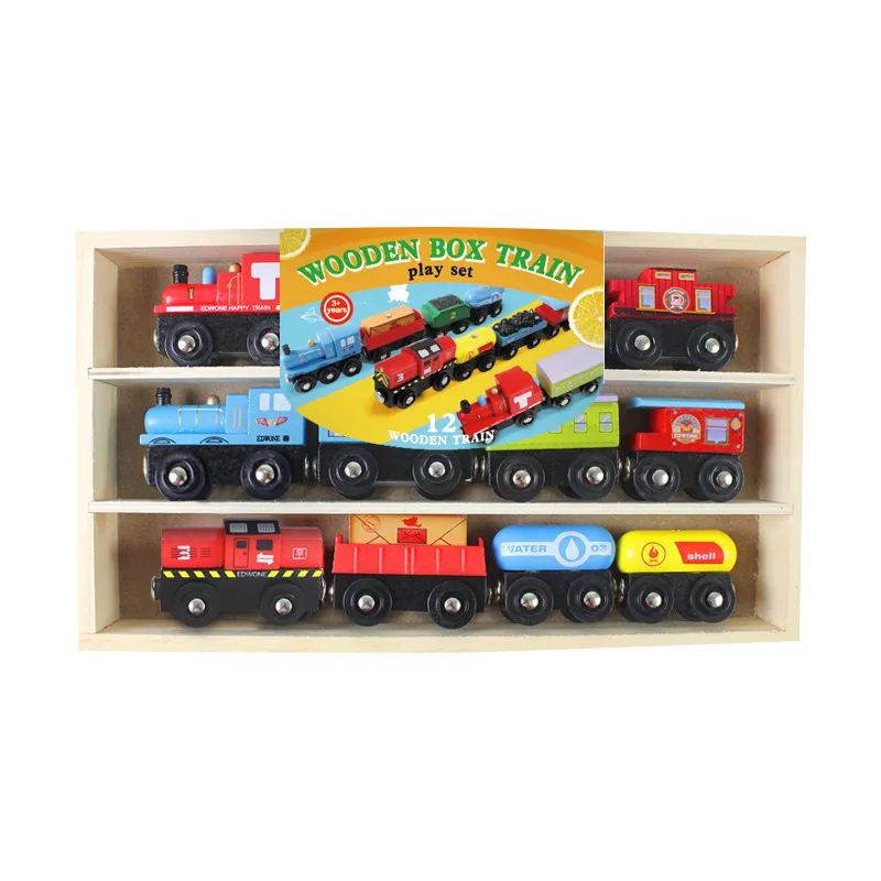 

Аксессуары для сцены гусеничного поезда, деревянные двенадцать секций, магнитный маленький поезд, деревянная коробка, набор поездов, игрушки для мальчиков и девочек, подарок G14