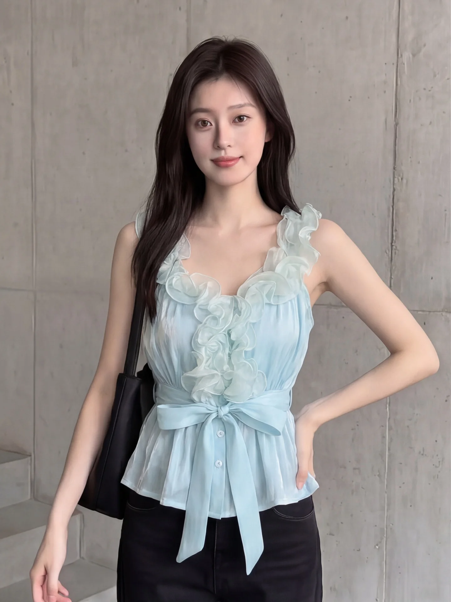 

Blue Lace Trim Vest Strap Women's Summer New High Design Sense Knot Belt No Sleeve Top Skin-friendly Breathable