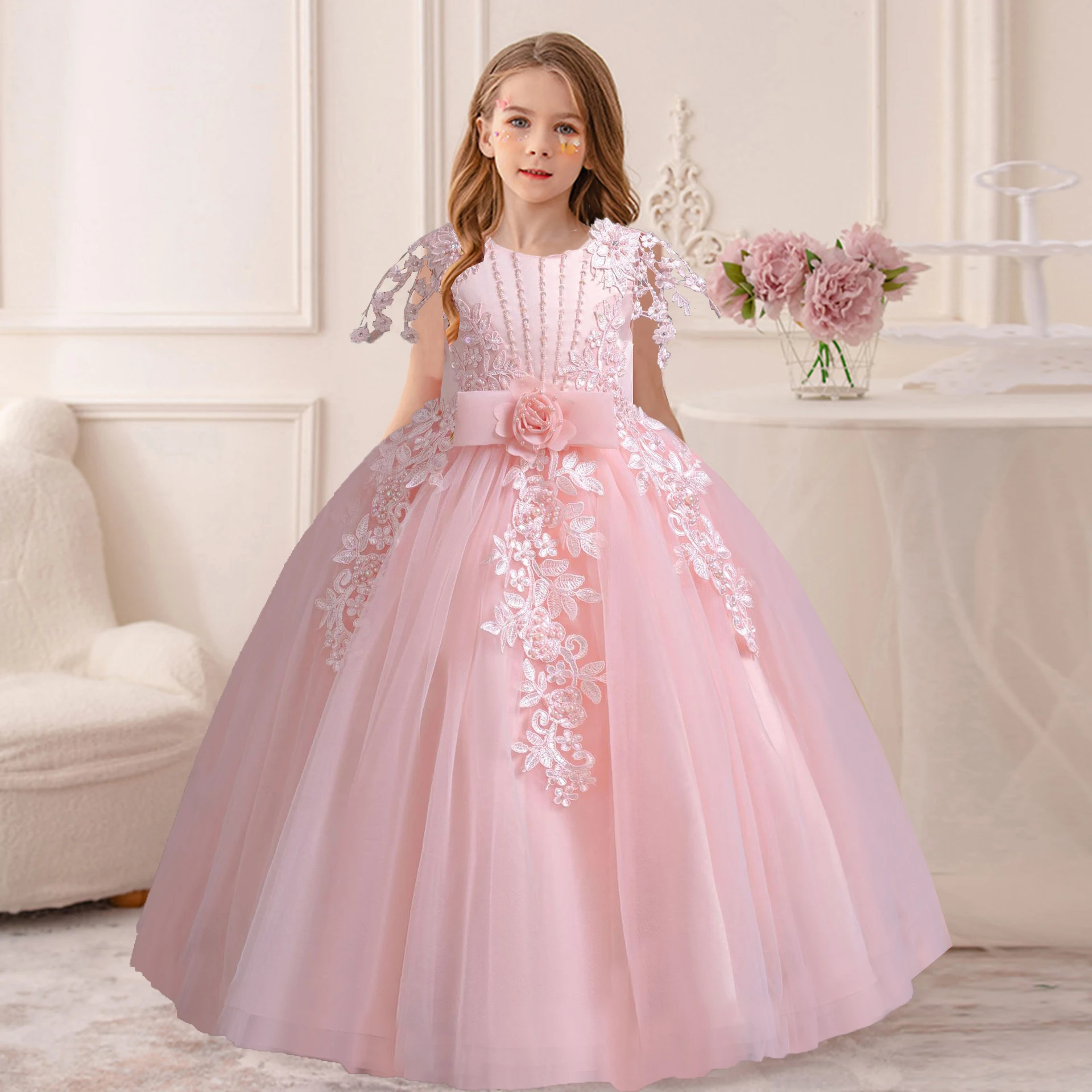 

AmyStylish Little Big Girls Embroidered Bowknot Wedding Flower Girl Birthday Party Pageant Formal Dress AC135