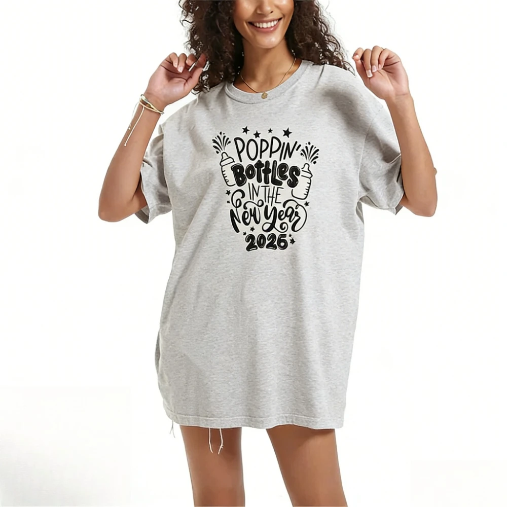 2026 New Year Pregnancy Announcement Shirt Poppin' Bottles New Mom Tee New Mother Gift T-shirt Women Casual Cotton Short Sleeve
