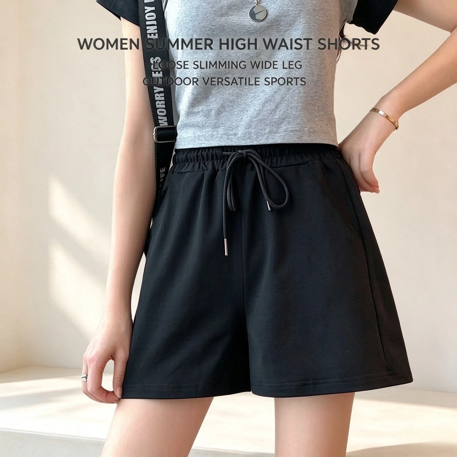 1pcs Women Summer High Waist Loose Slimming Wide Leg Sport Shorts Outdoor Versatile
