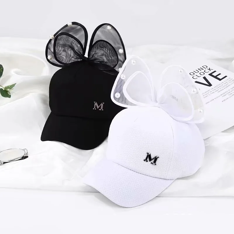 Kids girls cute M letter cartoon hats Summer child boy baby casual trucker hat Breathable mesh Animal Ear Baseball cap Pearl bow