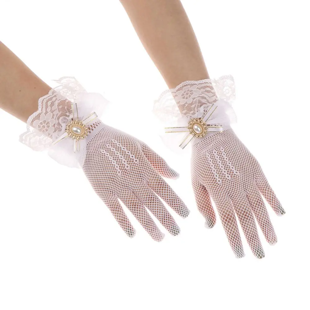 Gothic Black White Lace Gloves Ruffle Edge Flower Pattern Hollow Out Gloves Bow Soft Elastic Cosplay Gloves Cosplay Event