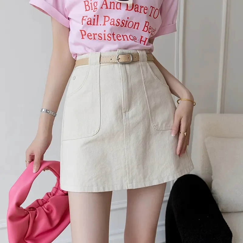 

Женская розовая джинсовая мини-юбка с высокой талией и поясом - повседневная юбка-карго А-силуэта с карманами