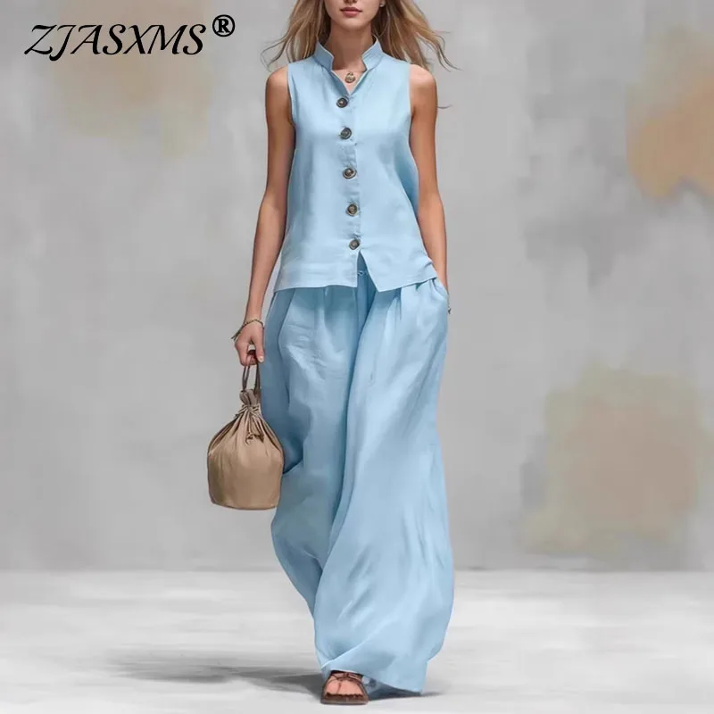 Bohemian High Waist 2Pcs Suit Women Stand Neck Sleeveless Button Vest Oversized Wide Leg Pants Sets Casual Holiday Travel Outfit
