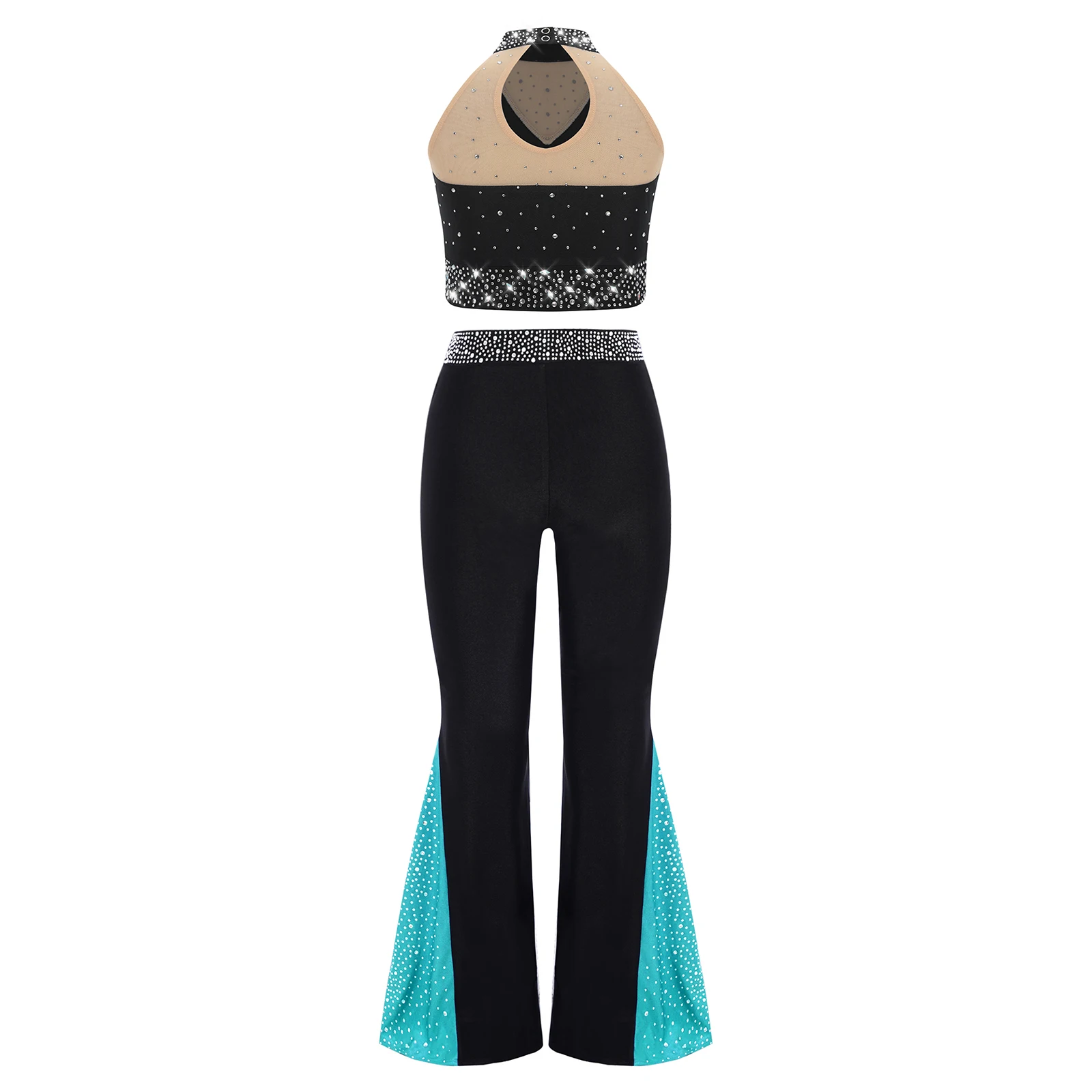 Kinderen Meisjes Latin Jazz Dans Sets Kunstschaatsen Prestaties Kostuum Strass Keyhole Back Crop Top met Bell-Bottom Broek
