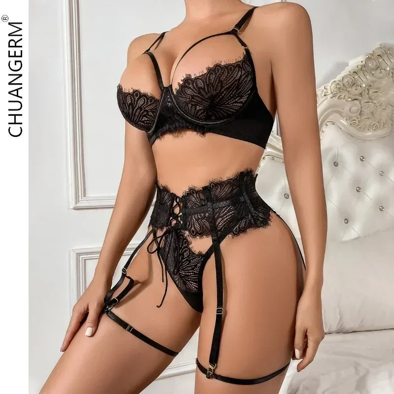 CHUANGERM Sexy Lingerie Black Lace Embroidery Hollowed Out with Sexy Underwear Gathering Four-piece Set Onlyfans Valentine\'s Day