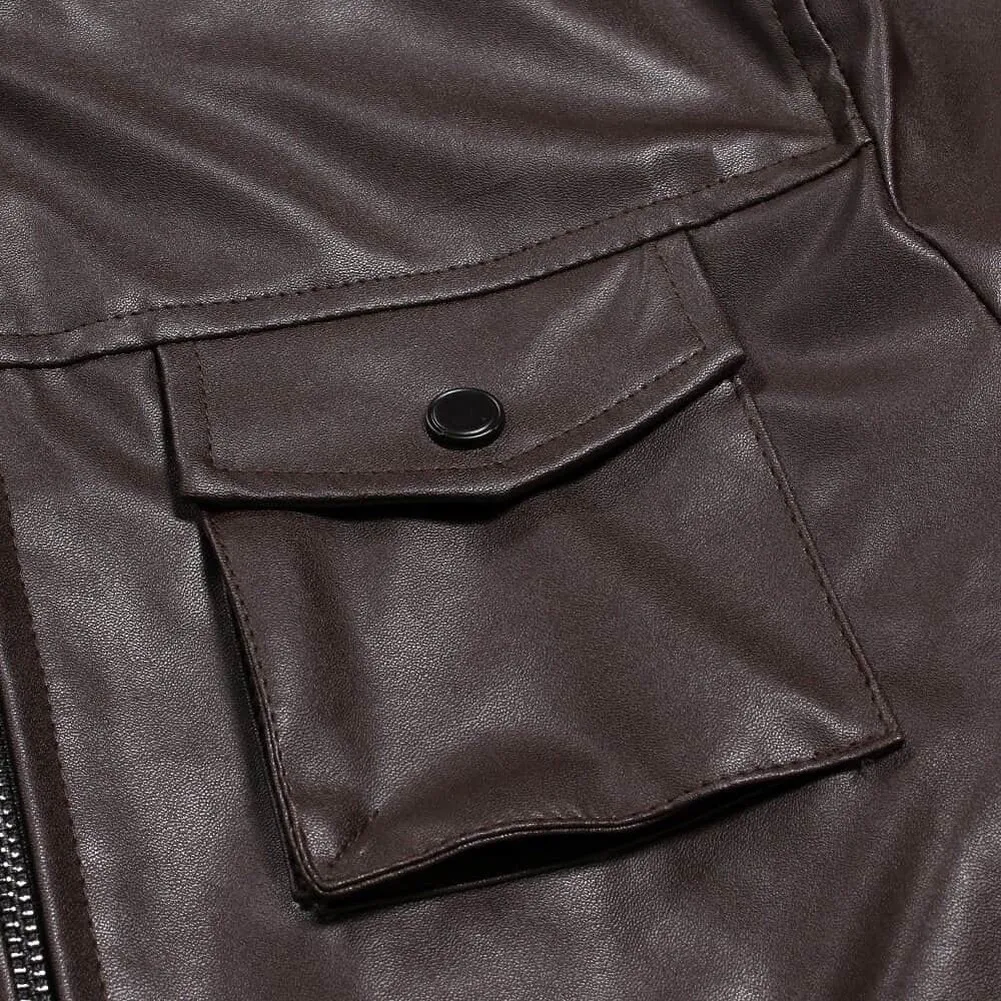 Autumn Winter Fit PU Leather Jacket Men's Stand Collar Warm Coat Solid Color Outerwear Sizes L 2XL 3XL 4XL 5XL