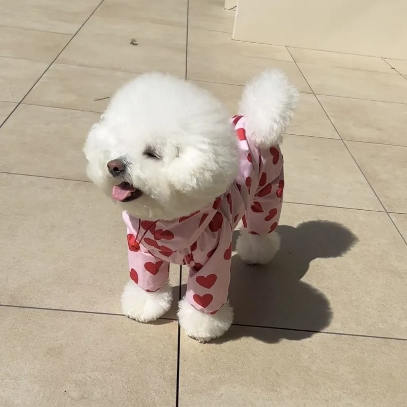 Ins Love Puppy Kleding All-In-One Waterdichte Heart Cloud Print Regenjas Hond Model Schattige Capuchon Hondenkleding Mascota \'S Hondenkostuum