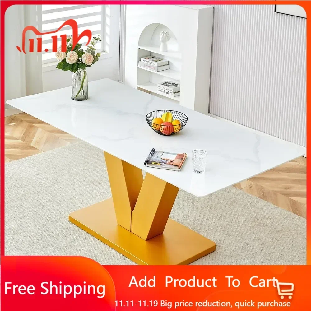 Marble Dining Table,Kitchen & Dining Room Tables,Gold Dining Table with V Shape Legs,Modern