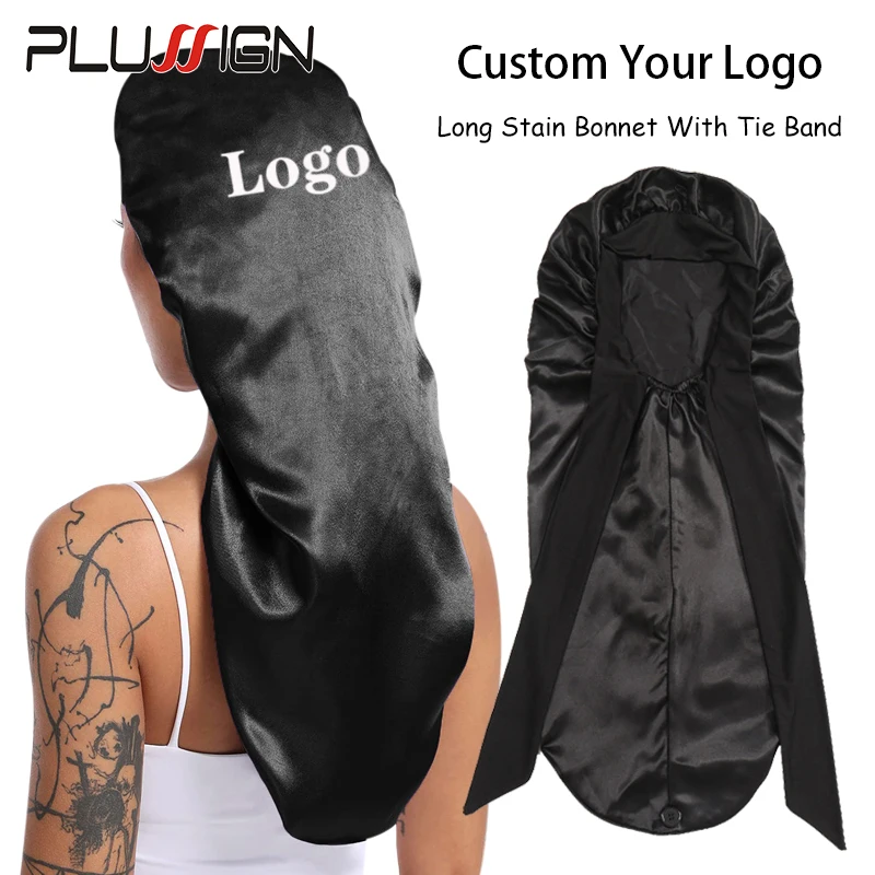 

Custom Your Own Logo Long Satin Bonnet Sleep Cap Hair Bonnets With Long Tie For Women Extra Large Bonnet For Curly Hair 10Pcs